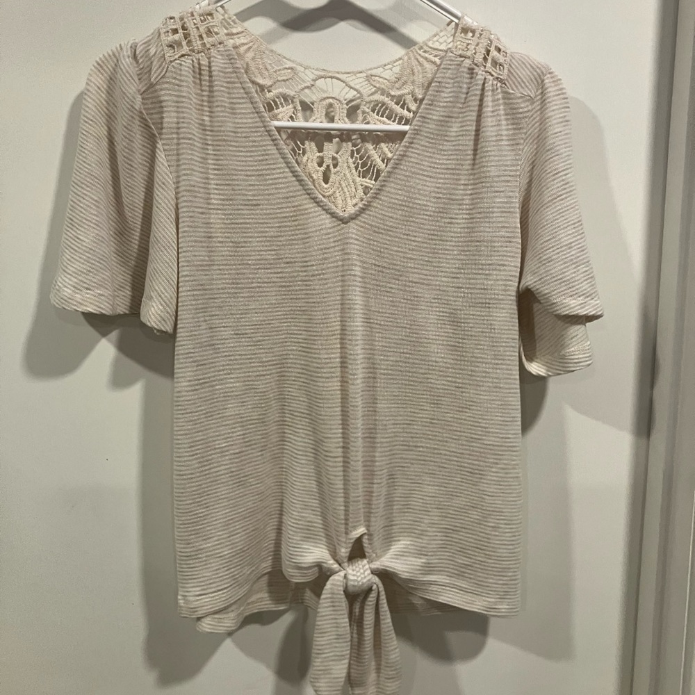 Jun and Ivy Top with Tie Waist and Lace Back Detail